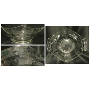 Vintage Clear Glass Serving Dish with Handles Floral Etched Bowl Compote Nut